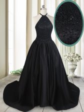 Designer Black Prom Dresses Halter Top Sleeveless Brush Train Lace Up
