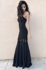 Unique Mermaid Sleeveless Elastic Woven Satin Floor Length Zipper Prom Dresses in Black with Ruching