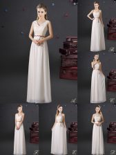 Great V-neck Sleeveless Court Dresses for Sweet 16 Floor Length Lace and Appliques and Belt White Chiffon