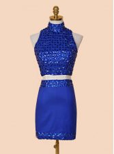 Extravagant Sleeveless Mini Length Beading Backless Dress for Prom with Royal Blue