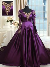 Fashionable Off the Shoulder Long Sleeves With Train Zipper 15 Quinceanera Dress Dark Purple for Military Ball and Sweet 16 and Quinceanera with Beading and Embroidery Chapel Train