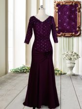  Dark Purple Half Sleeves Beading and Lace and Hand Made Flower Floor Length Homecoming Dress