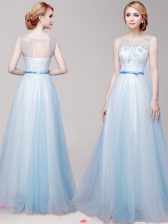  Scoop Sleeveless Tulle Floor Length Lace Up Prom Gown in Light Blue with Appliques and Bowknot