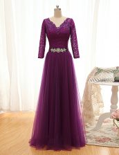 Sweet Floor Length Purple Dress for Prom V-neck 3 4 Length Sleeve Lace Up