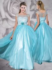 Latest Cap Sleeves Floor Length Zipper Prom Party Dress Aqua Blue for Prom with Beading and Appliques