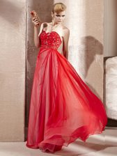 Sexy Coral Red Chiffon Side Zipper Prom Dresses Sleeveless Floor Length Beading