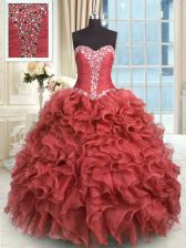  Rust Red Sleeveless Beading and Ruffles Floor Length Sweet 16 Dresses