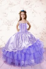  Ruffled Floor Length Ball Gowns Sleeveless Lavender Little Girls Pageant Gowns Lace Up