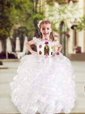 Chic Beading and Appliques and Ruffles Flower Girl Dress White Lace Up Cap Sleeves Floor Length