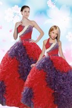Inexpensive Sleeveless Floor Length Beading Lace Up 15 Quinceanera Dress with Coral Red