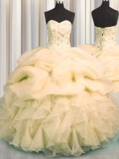 Graceful Visible Boning Floor Length Champagne Sweet 16 Quinceanera Dress Organza Sleeveless Beading and Ruffles and Pick Ups