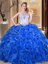  Embroidery and Ruffles Quinceanera Gown Royal Blue Lace Up Sleeveless Floor Length