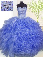 Affordable Beading and Ruffles and Pick Ups Vestidos de Quinceanera Blue Lace Up Sleeveless Floor Length