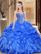  Royal Blue Ball Gowns Organza Sweetheart Sleeveless Lace and Appliques Floor Length Lace Up 15th Birthday Dress