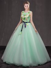 Affordable Scoop Apple Green Sleeveless Appliques Floor Length 15th Birthday Dress