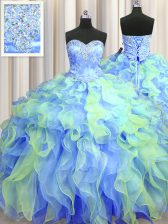  Multi-color Ball Gowns Organza Sweetheart Sleeveless Beading and Appliques and Ruffles Floor Length Lace Up 15 Quinceanera Dress