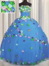Romantic Sleeveless Tulle Floor Length Lace Up 15 Quinceanera Dress in Blue with Hand Made Flower