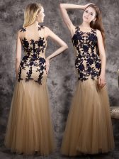 New Style Champagne Mermaid Tulle Scoop Sleeveless Lace and Appliques Floor Length Side Zipper 