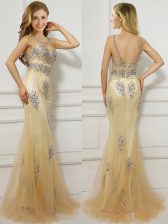  Mermaid Gold Tulle Backless Scoop Cap Sleeves With Train Prom Gown Brush Train Beading