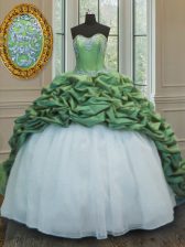 Fashion Pick Ups Sweetheart Sleeveless Sweep Train Lace Up Sweet 16 Dresses Green Organza and Taffeta