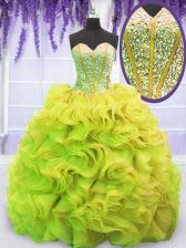  Yellow Green Ball Gowns Sweetheart Sleeveless Organza Sweep Train Lace Up Beading and Ruffles 15 Quinceanera Dress