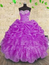  Sleeveless Organza Floor Length Lace Up Quinceanera Dresses in Purple with Beading and Appliques and Ruffles and Ruching