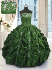  Pick Ups Green Sleeveless Taffeta Lace Up Quinceanera Gown for Military Ball and Sweet 16 and Quinceanera