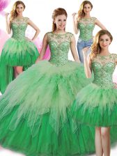 Sweet Four Piece Scoop Floor Length Ball Gowns Sleeveless Green Sweet 16 Quinceanera Dress Lace Up