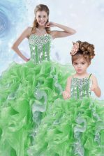 Classical Sleeveless Floor Length Beading and Ruffles and Sequins Lace Up 15 Quinceanera Dress with Green