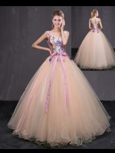 Sumptuous Floor Length Peach Quince Ball Gowns V-neck Sleeveless Lace Up