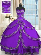 Fashion Purple Taffeta Lace Up Sweetheart Sleeveless Floor Length Quinceanera Dresses Beading and Appliques and Ruffled Layers