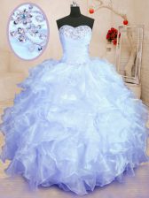  Lavender Organza Lace Up Sweetheart Sleeveless Floor Length Quince Ball Gowns Beading and Ruffles