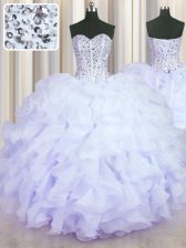 Dramatic Floor Length Lace Up Sweet 16 Dresses Lavender for Military Ball and Sweet 16 and Quinceanera with Beading and Ruffles