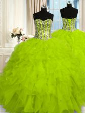  Yellow Green Ball Gowns Beading and Ruffles Quinceanera Dress Lace Up Organza Sleeveless Floor Length