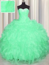 Fabulous Apple Green Sleeveless Floor Length Beading and Ruffles Lace Up Vestidos de Quinceanera