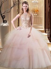  Scoop Sleeveless Beading and Ruffled Layers Lace Up Quinceanera Dresses with Peach Brush Train