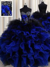 Great Blue And Black Sleeveless Beading and Ruffles Floor Length Quince Ball Gowns
