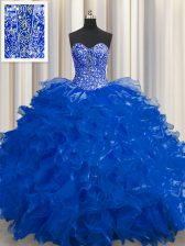 See Through Royal Blue Organza Lace Up Quinceanera Gowns Sleeveless Floor Length Beading and Ruffles