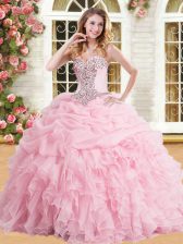  Baby Pink Organza Lace Up Sweetheart Sleeveless Floor Length 15th Birthday Dress Appliques and Ruffles and Pick Ups