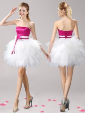Flirting Pink And White Sleeveless Ruffles and Bowknot Mini Length Prom Evening Gown