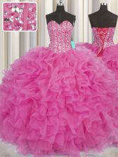  Visible Boning Sleeveless Floor Length Beading and Ruffles Lace Up Vestidos de Quinceanera with Hot Pink