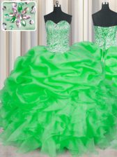 Green Quince Ball Gowns Military Ball and Sweet 16 and Quinceanera with Beading and Ruffles Sweetheart Sleeveless Lace Up