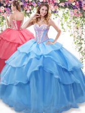 Shining Ruffled Floor Length Baby Blue Quince Ball Gowns Sweetheart Sleeveless Lace Up