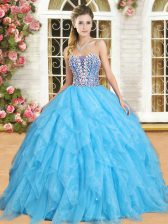 Captivating Sleeveless Organza Floor Length Lace Up Vestidos de Quinceanera in Aqua Blue with Beading and Ruffles