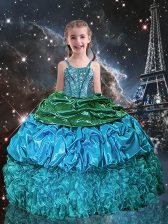 Pretty Floor Length Lace Up Little Girls Pageant Gowns Aqua Blue for Party and Wedding Party with Beading and Ruffles and Pick Ups