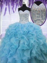  Baby Blue Sleeveless Ruffles and Sequins Floor Length 15 Quinceanera Dress