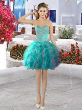 Delicate Sweetheart Sleeveless Evening Dress Mini Length Beading and Ruffles Turquoise Organza