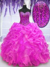 Designer Fuchsia Sleeveless Floor Length Beading and Ruffles Lace Up Sweet 16 Quinceanera Dress