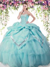  Pick Ups Aqua Blue Sleeveless Organza and Taffeta Lace Up Quince Ball Gowns for Military Ball and Sweet 16 and Quinceanera
