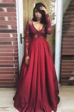  Pleated Burgundy Long Sleeves Satin Zipper Prom Dress for Prom and Party
